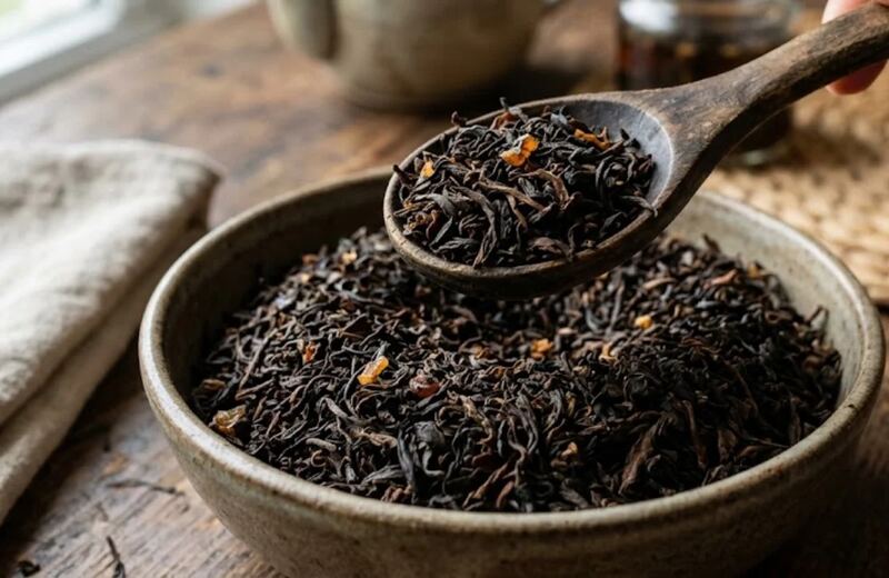 木のスプーンですくった紅茶の茶葉